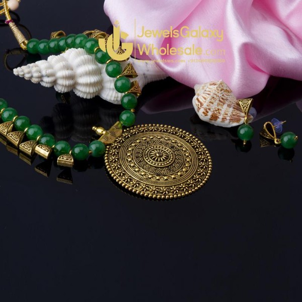 Green Copper Plated Kundan Pearl Necklace Set