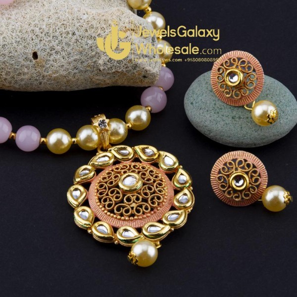 Jewels Wholesale Pink GP Kundan studded Pearl Necklace Set
