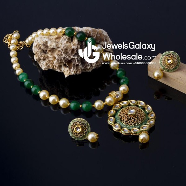 Jewels Wholesale Green GP Kundan studded Pearl Necklace Set