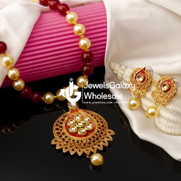 Red GP Kundan studded Pearl Necklace Set