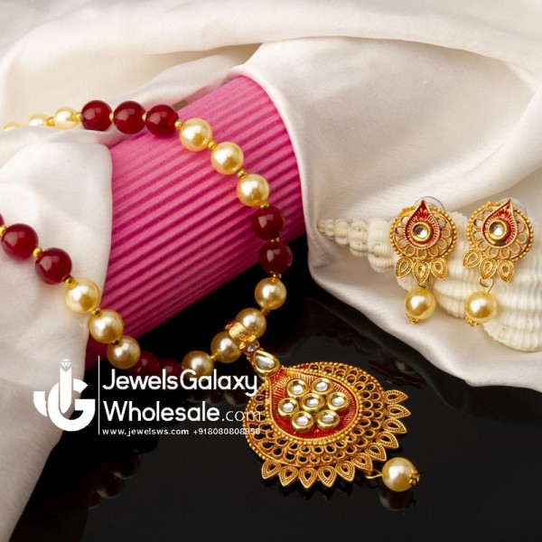 Red GP Kundan studded Pearl Necklace Set