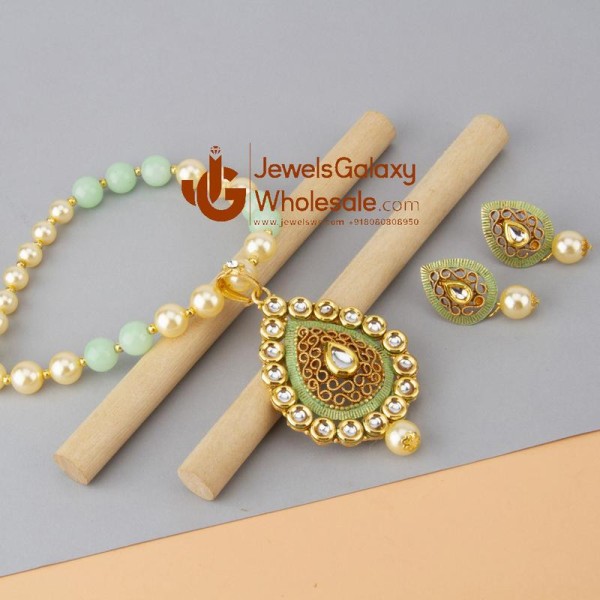 Jewels Wholesale Green GP Kundan studded Pearl Necklace Set