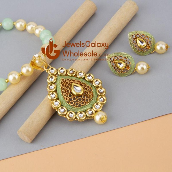 Jewels Wholesale Green GP Kundan studded Pearl Necklace Set