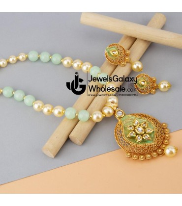 Jewels Wholesale Green GP Kundan studded Pearl Necklace Set