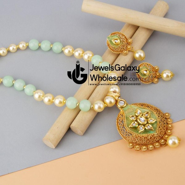 Jewels Wholesale Green GP Kundan studded Pearl Necklace Set