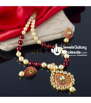 Jewels Wholesale Magenta GP Kundan studded Pearl Necklace Set