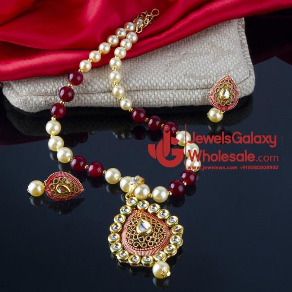 Jewels Wholesale Magenta GP Kundan studded Pearl Necklace Set