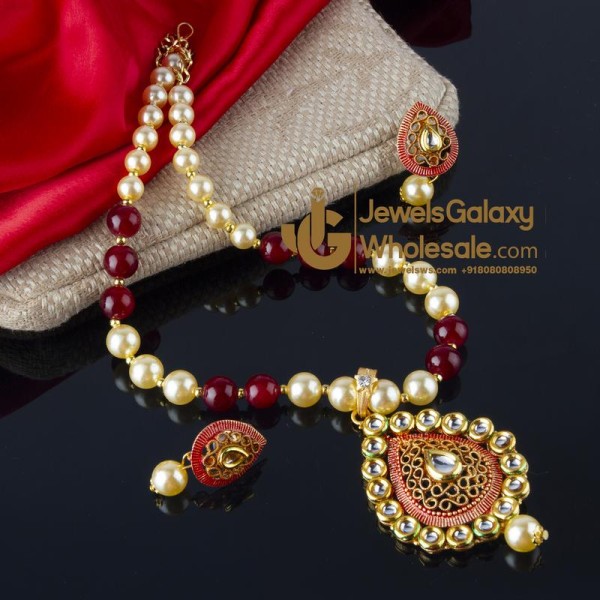 Jewels Wholesale Magenta GP Kundan studded Pearl Necklace Set