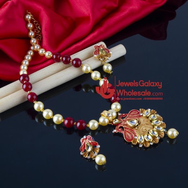 Jewels Wholesale Magenta GP Kundan studded Pearl Necklace Set