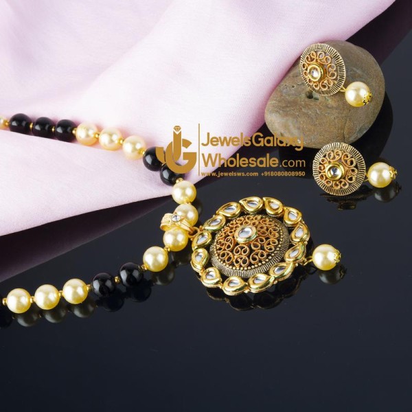 Jewels Wholesale Black GP Kundan studded Pearl Necklace Set