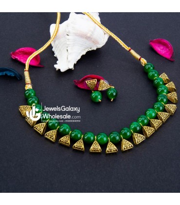 Gold-Toned GP Green Pearl Necklace Set