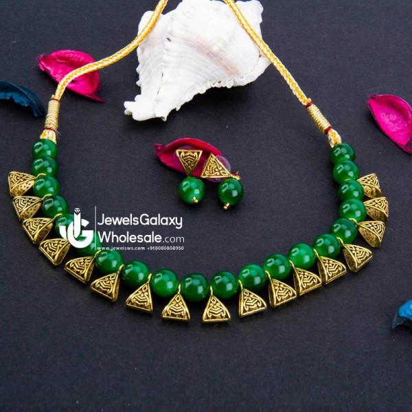 Gold-Toned GP Green Pearl Necklace Set