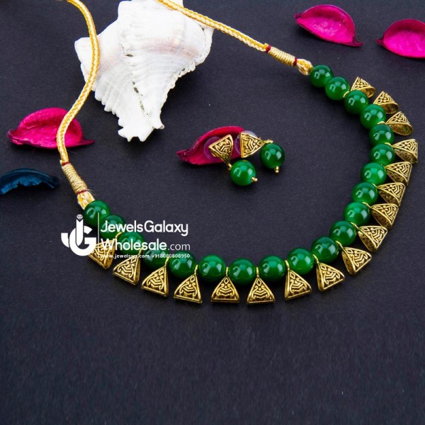 Gold-Toned GP Green Pearl Necklace Set