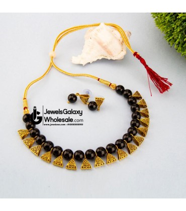 Gold-Toned GP Black Pearl Necklace Set