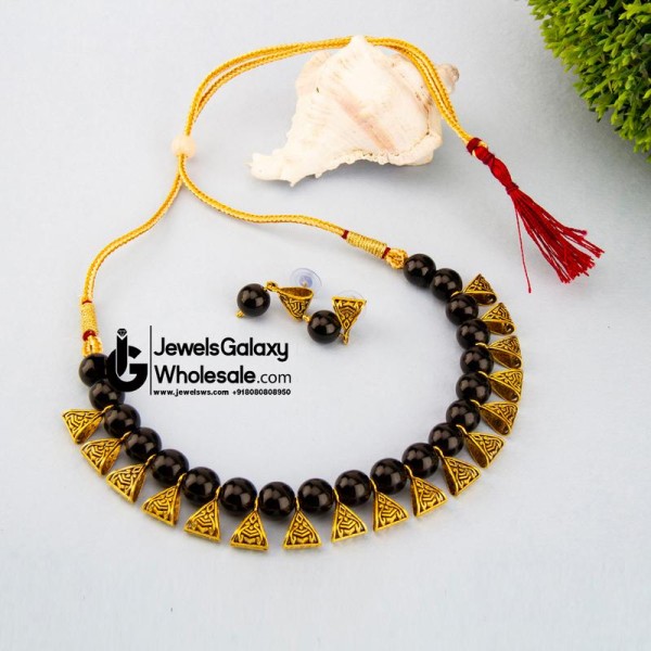 Gold-Toned GP Black Pearl Necklace Set