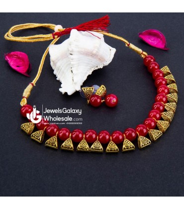 Gold-Toned GP Red Pearl Necklace Set