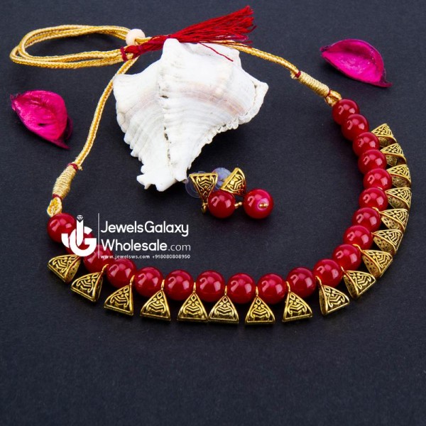 Gold-Toned GP Red Pearl Necklace Set