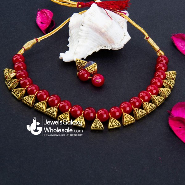 Gold-Toned GP Red Pearl Necklace Set