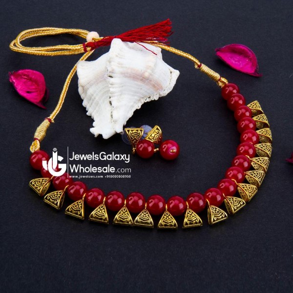 Gold-Toned GP Red Pearl Necklace Set