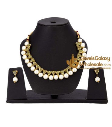 Gold-Toned GP White Pearl Necklace Set