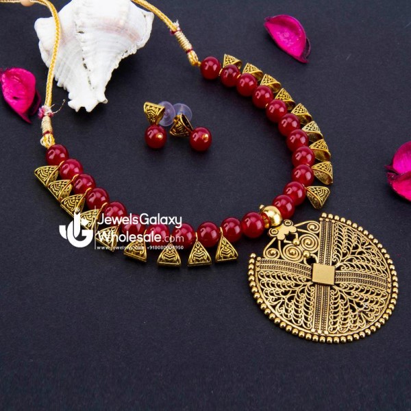 Gold-Toned GP Red Pearl Necklace Set