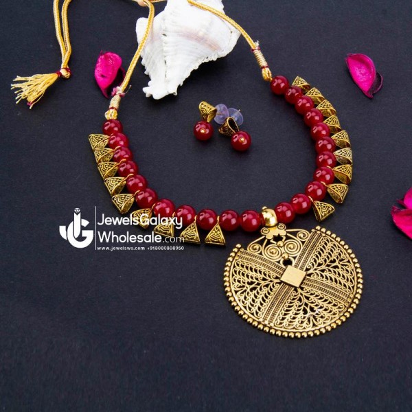 Gold-Toned GP Red Pearl Necklace Set