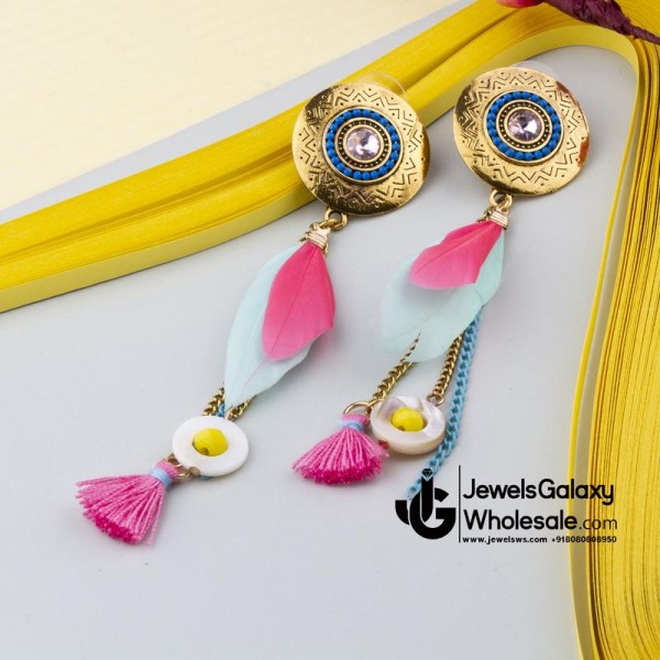 Jewels Galaxy Pink & Blue Gold-Plated Handcrafted Feather Earrings