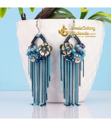 Blue Silver-Plated Beaded Tasselled Handcrafted Drop Earrings