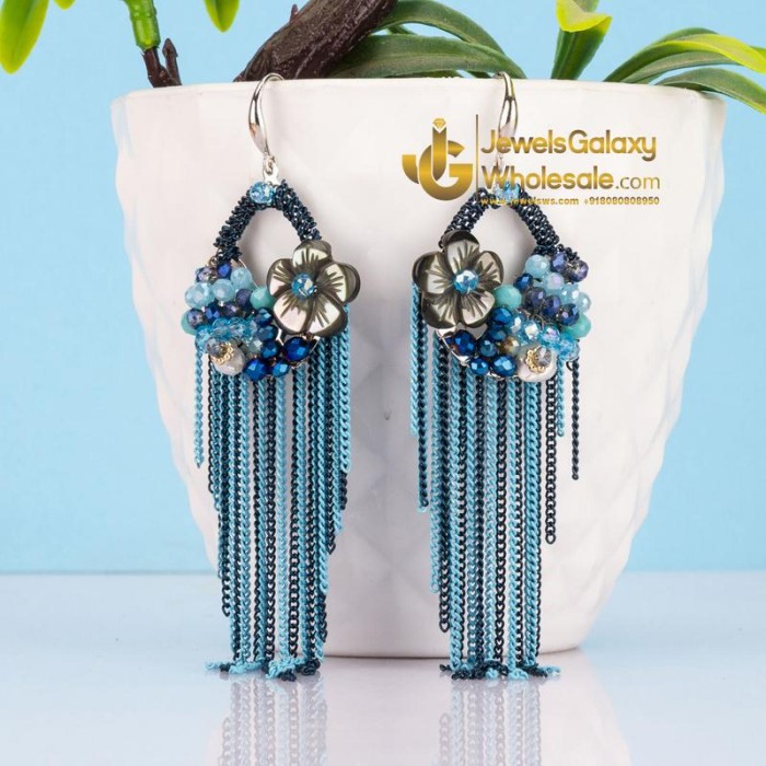 Blue Silver-Plated Beaded Tasselled Handcrafted Drop Earrings