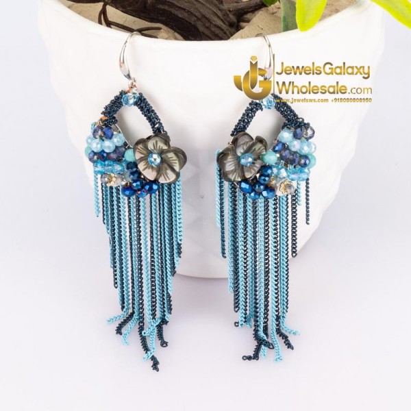 Blue Silver-Plated Beaded Tasselled Handcrafted Drop Earrings