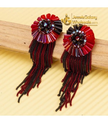 Red & Black Gold-Plated Handcrafted Tasselled Circular Drop Earrings