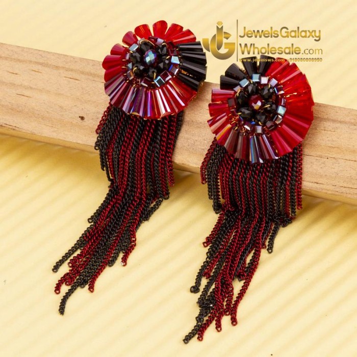 Red & Black Gold-Plated Handcrafted Tasselled Circular Drop Earrings