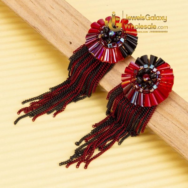 Red & Black Gold-Plated Handcrafted Tasselled Circular Drop Earrings