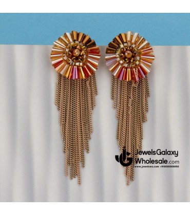 Orange & Beige Gold-Plated Beaded Tasselled Handcrafted Drop Earrings