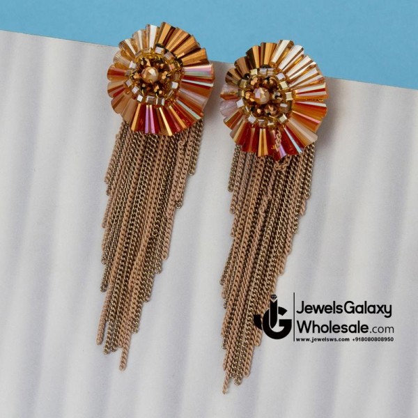 Orange & Beige Gold-Plated Beaded Tasselled Handcrafted Drop Earrings