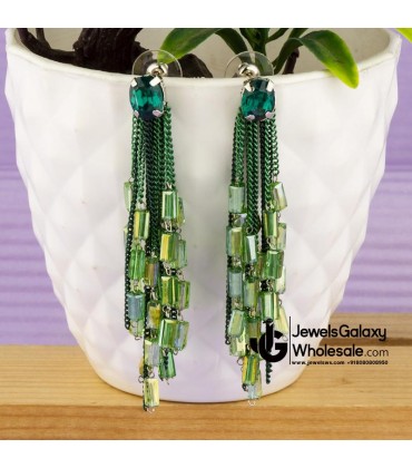 Green Silver-Plated Contemporary Handcrafted Drop Earrings