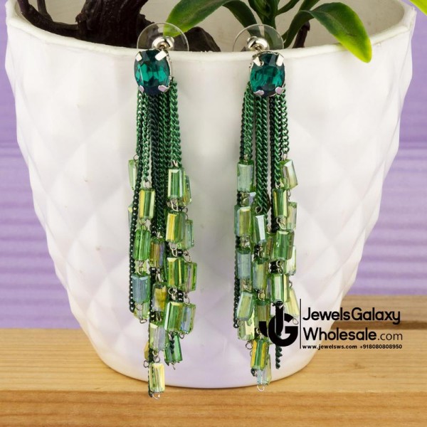 Green Silver-Plated Contemporary Handcrafted Drop Earrings