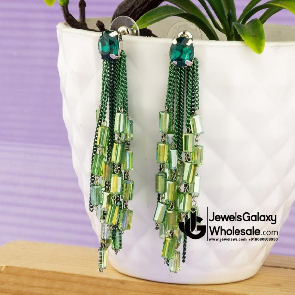 Green Silver-Plated Contemporary Handcrafted Drop Earrings