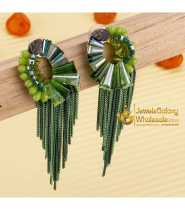 Green Silver-Plated Beaded Tasselled Handcrafted Drop Earrings