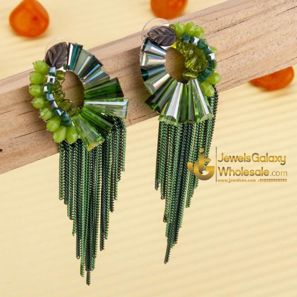 Green Silver-Plated Beaded Tasselled Handcrafted Drop Earrings