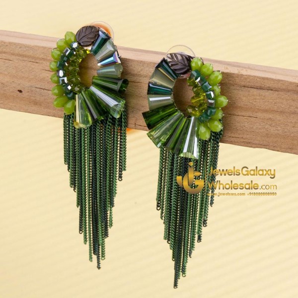 Green Silver-Plated Beaded Tasselled Handcrafted Drop Earrings