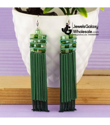 Green Silver-Plated Handcrafted Contemporary Drop Earrings