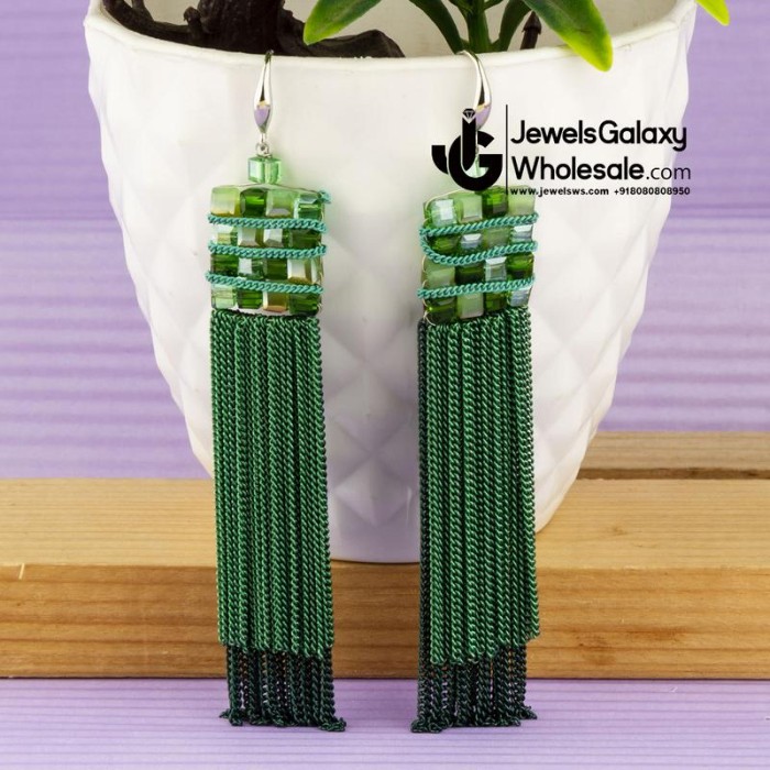 Green Silver-Plated Handcrafted Contemporary Drop Earrings