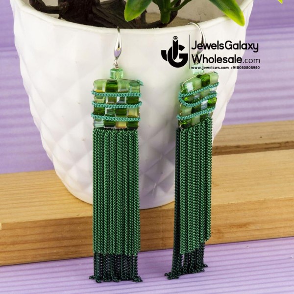 Green Silver-Plated Handcrafted Contemporary Drop Earrings