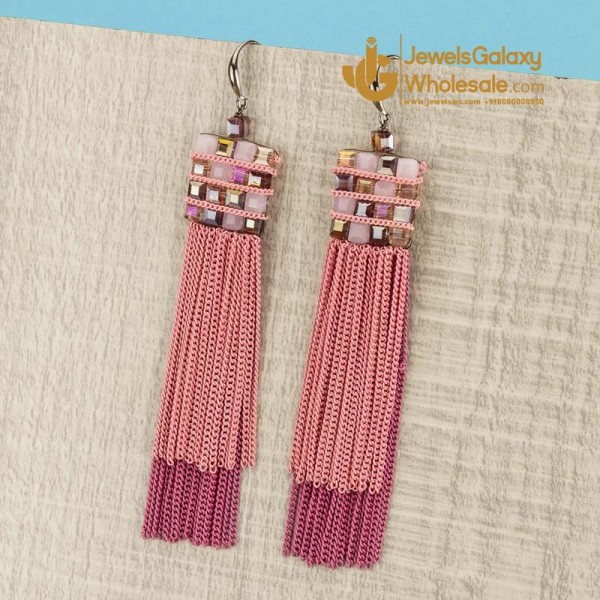 Pink Silver-Plated Handcrafted Drop Earrings