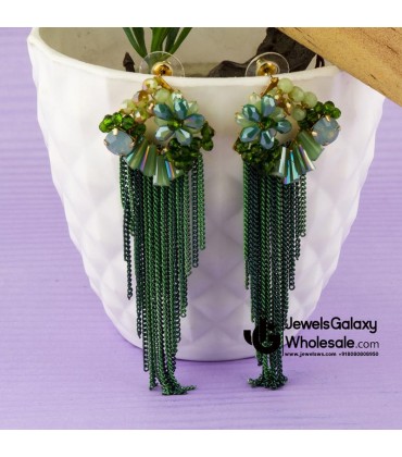 Green Gold-Plated Floral Handcrafted Drop Earrings