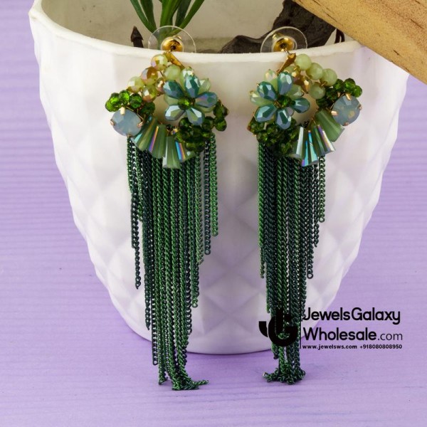 Green Gold-Plated Floral Handcrafted Drop Earrings