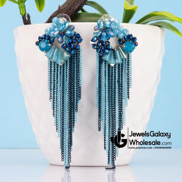 Blue Silver-Plated Handcrafted Tasselled Contemporary Drop Earrings