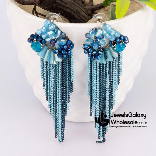 Blue Silver-Plated Handcrafted Tasselled Contemporary Drop Earrings