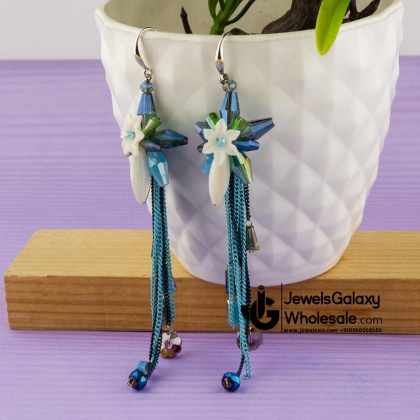 Blue & White Silver-Plated Handcrafted Drop Earrings